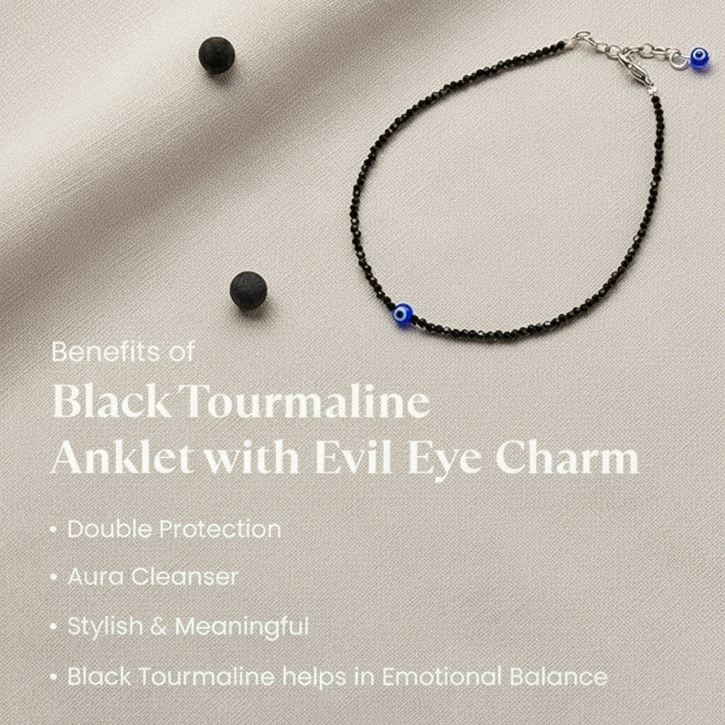 Black Tourmaline Evil Eye Anklet - Guards Aura 100% Authentic