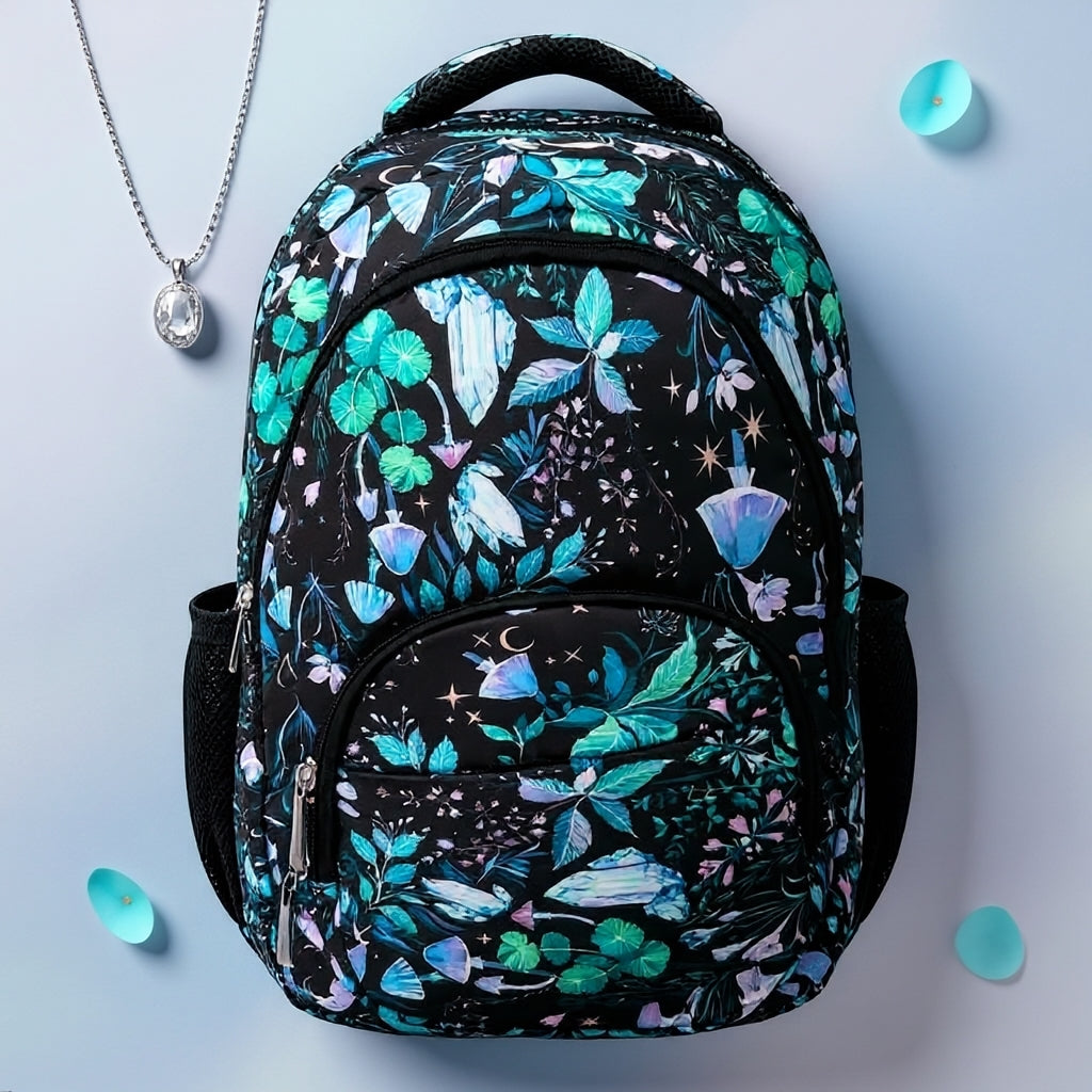 Midnight Botanical Print School Backpack – Water-Resistant Lightweight Backpack with 4 Compartments