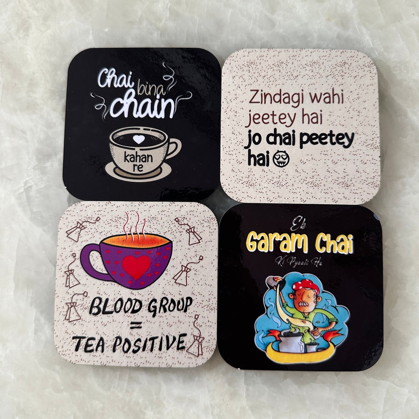 Set of 4 Quirky Chai Lover Coasters – Fun & Stylish Tea-Themed Coasters for Home & Office