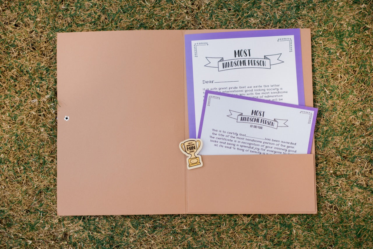 Most Handsome Person- Cute Certificate with a mini Award Badge!