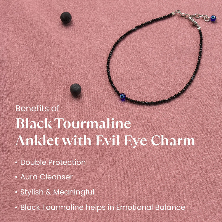 Black Tourmaline Evil Eye Anklet - Guards Aura 100% Authentic