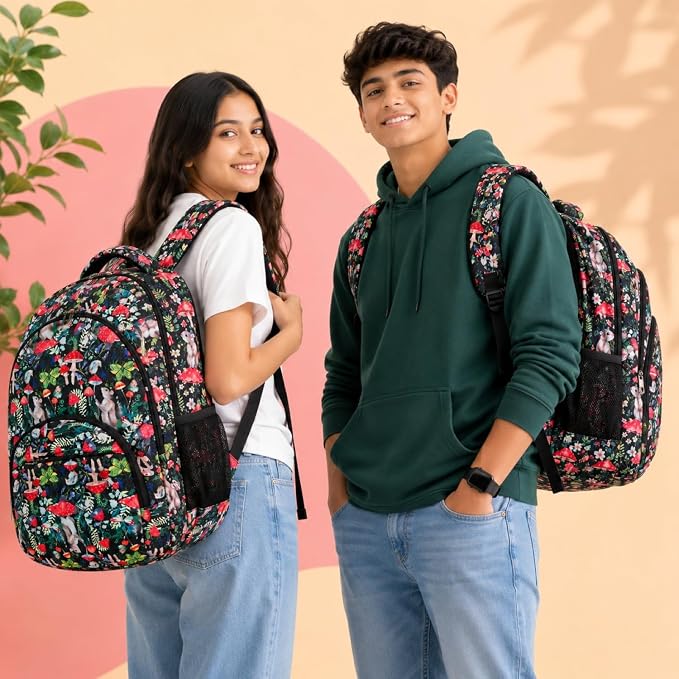 Woodland Forest Print School Backpack – Water-Resistant Lightweight Backpack with 4 Compartments