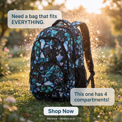 Midnight Botanical Print School Backpack – Water-Resistant Lightweight Backpack with 4 Compartments