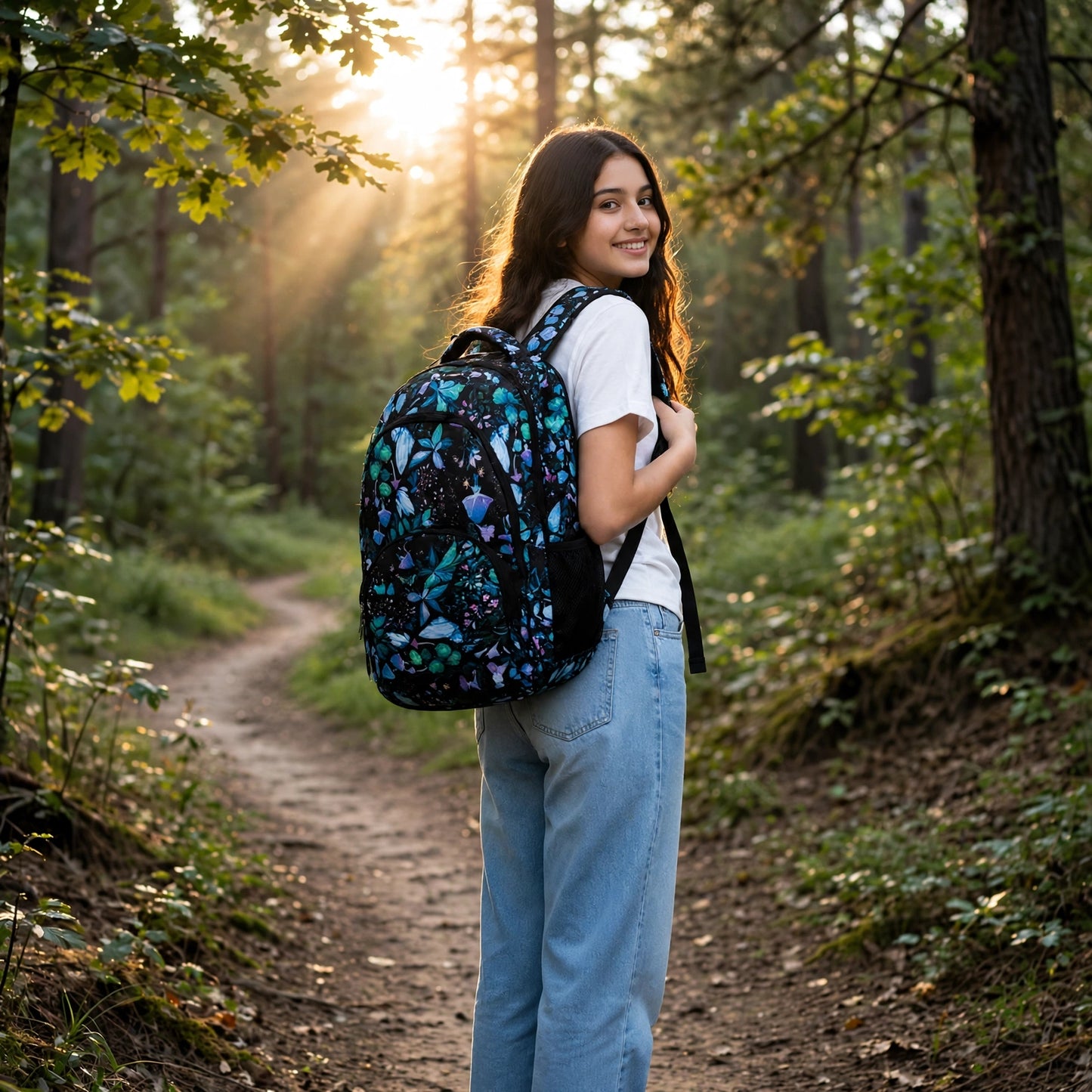 Midnight Botanical Print School Backpack – Water-Resistant Lightweight Backpack with 4 Compartments
