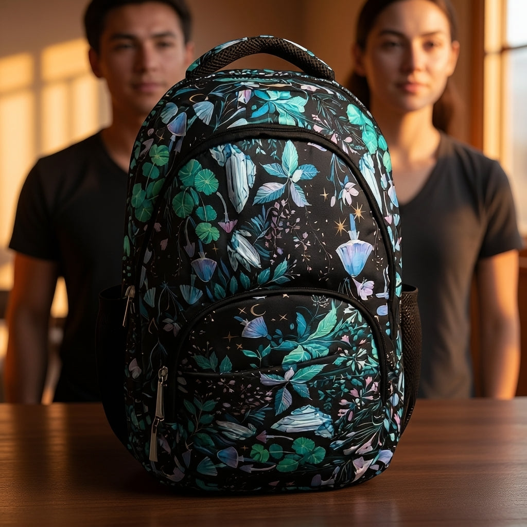 Midnight Botanical Print School Backpack – Water-Resistant Lightweight Backpack with 4 Compartments