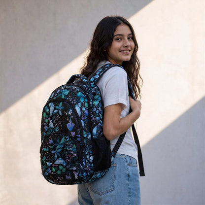 Midnight Botanical Print School Backpack – Water-Resistant Lightweight Backpack with 4 Compartments