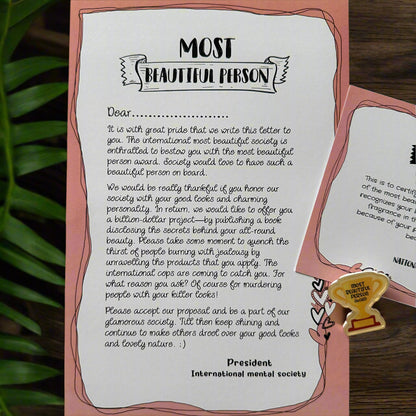 The Most Beautiful Person Award – A Heartwarming & Quirky Gift! 🏆💖