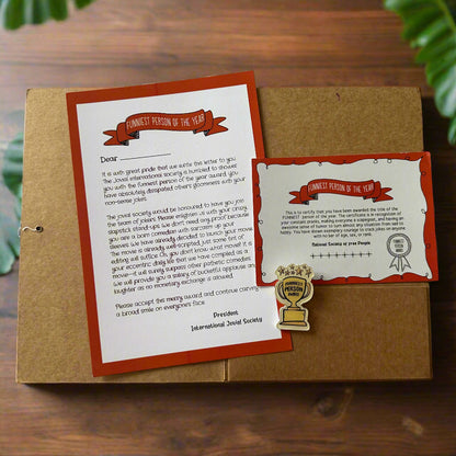 The Funniest Person Certificate with a Mini Badge Award- A quirky gift for your loved one!