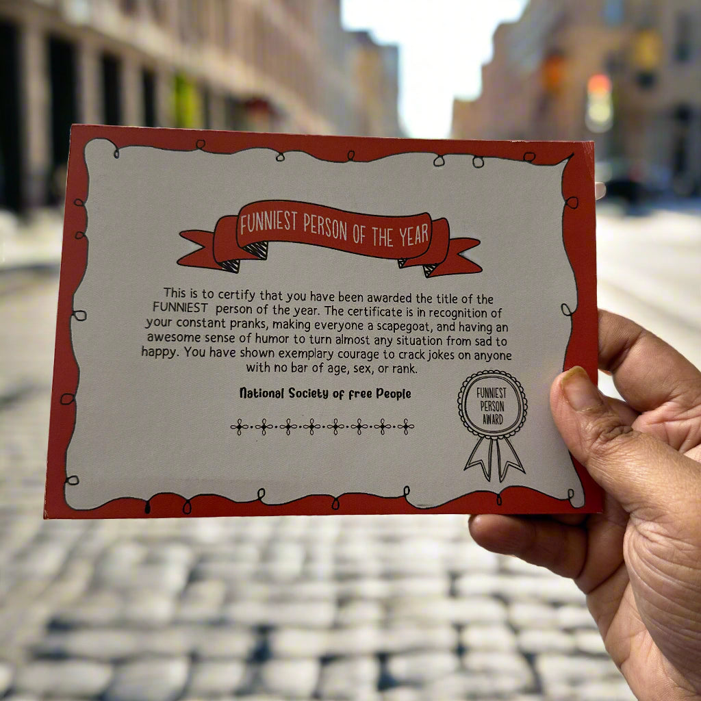 The Funniest Person Certificate with a Mini Badge Award- A quirky gift for your loved one!
