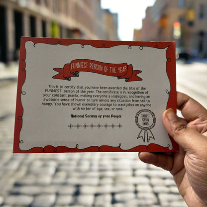 The Funniest Person Certificate with a Mini Badge Award- A quirky gift for your loved one!