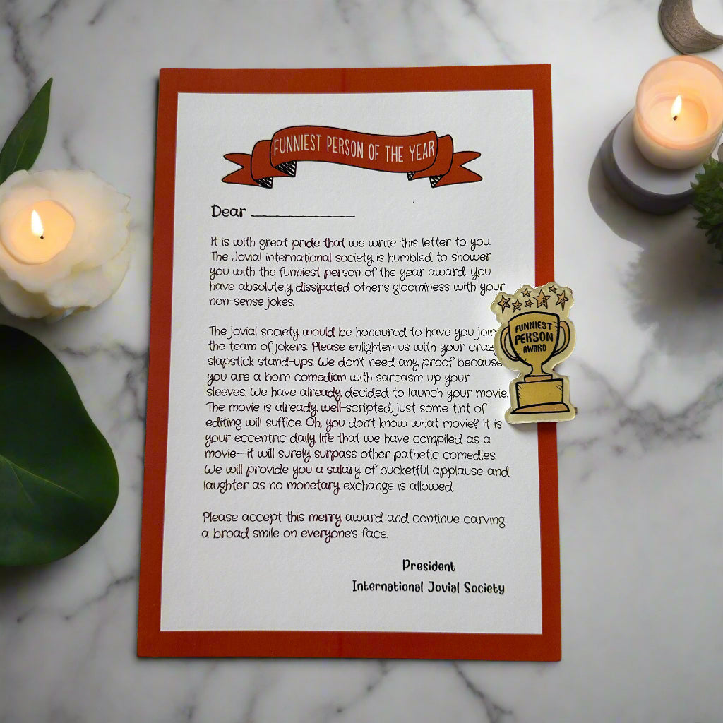 The Funniest Person Certificate with a Mini Badge Award- A quirky gift for your loved one!