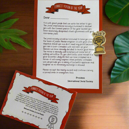 The Funniest Person Certificate with a Mini Badge Award- A quirky gift for your loved one!