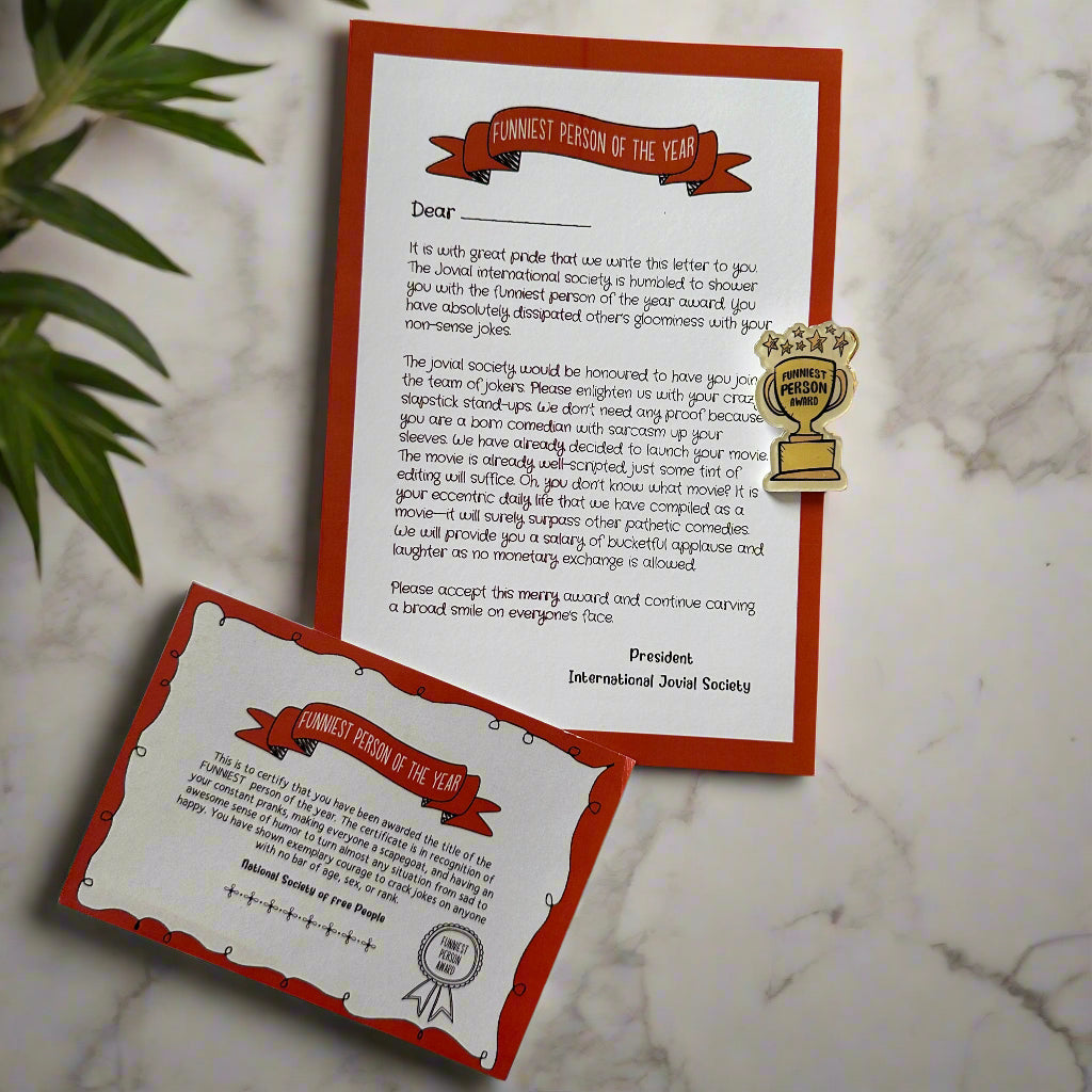 The Funniest Person Certificate with a Mini Badge Award- A quirky gift for your loved one!