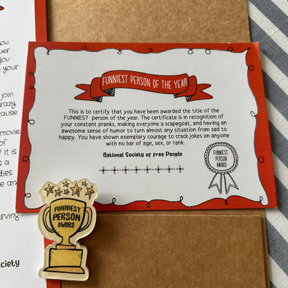 The Funniest Person Certificate with a Mini Badge Award- A quirky gift for your loved one!