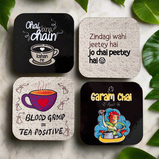 Set of 4 Quirky Chai Lover Coasters – Fun & Stylish Tea-Themed Coasters for Home & Office