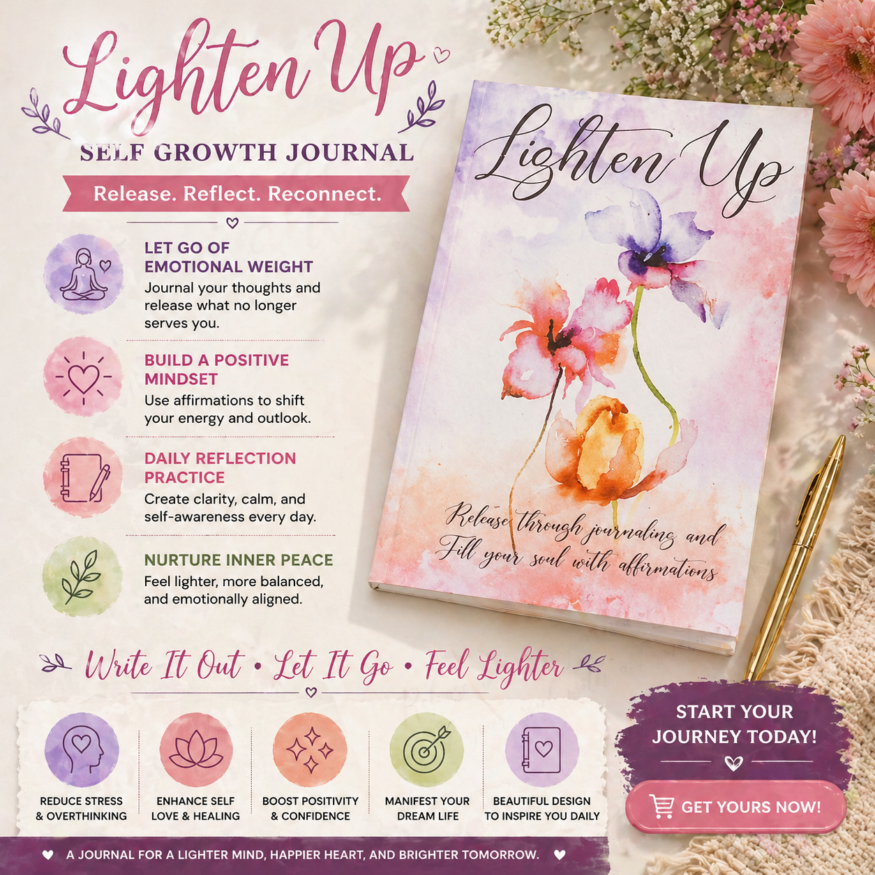 Lighten Up Floral Journal – Pages for Reflection, Memories, and Creative Expression