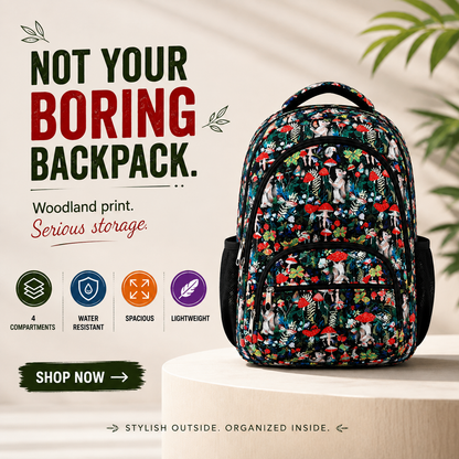 Woodland Forest Print School Backpack – Water-Resistant Lightweight Backpack with 4 Compartments