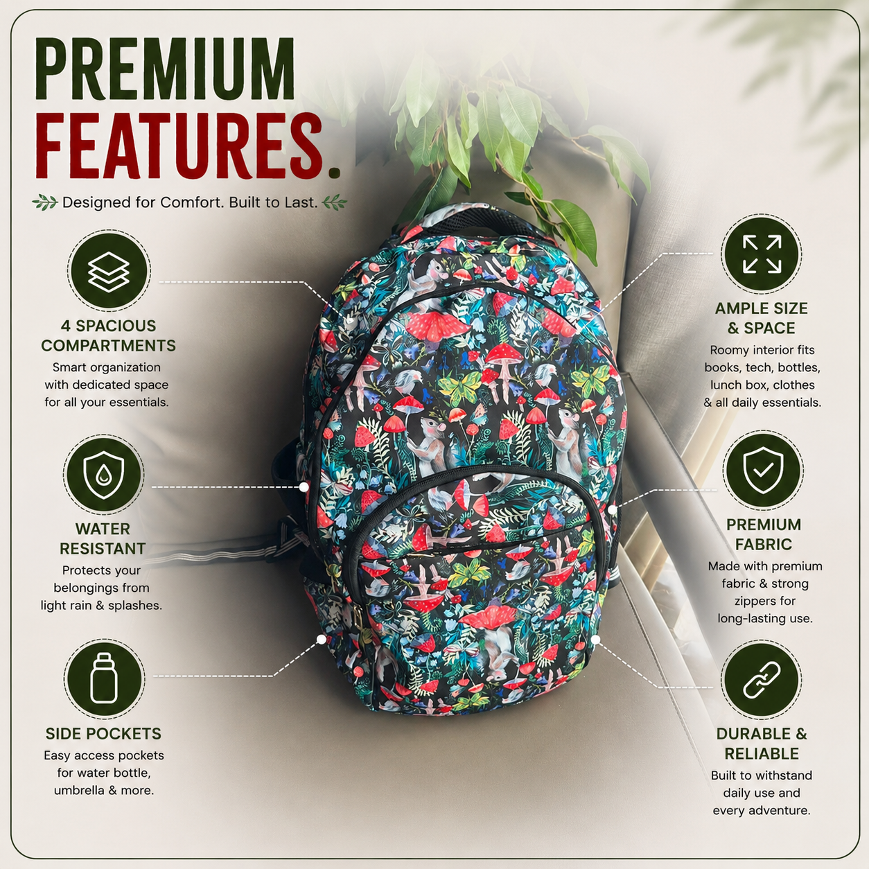 Woodland Forest Print School Backpack – Water-Resistant Lightweight Backpack with 4 Compartments