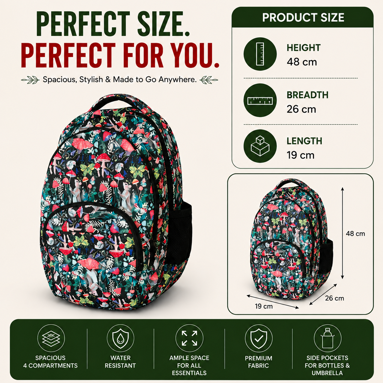 Woodland Forest Print School Backpack – Water-Resistant Lightweight Backpack with 4 Compartments