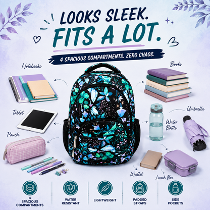 Midnight Botanical Print School Backpack – Water-Resistant Lightweight Backpack with 4 Compartments