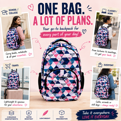 Flamingo Geometric Print Backpack – Water-Resistant Lightweight Backpack with 4 Compartments | Ergonomic Backpack for School, College & Travel