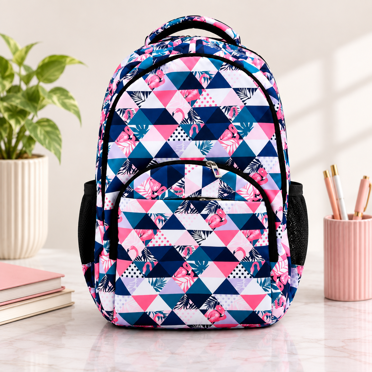 Flamingo Geometric Print Backpack – Water-Resistant Lightweight Backpack with 4 Compartments | Ergonomic Backpack for School, College & Travel