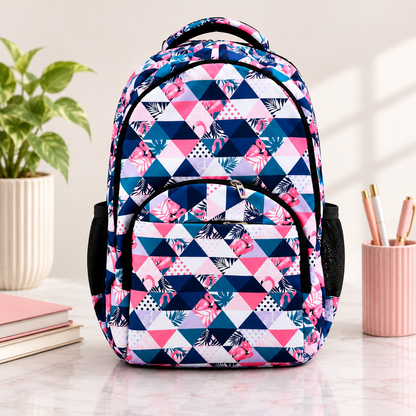 Flamingo Geometric Print Backpack – Water-Resistant Lightweight Backpack with 4 Compartments | Ergonomic Backpack for School, College & Travel