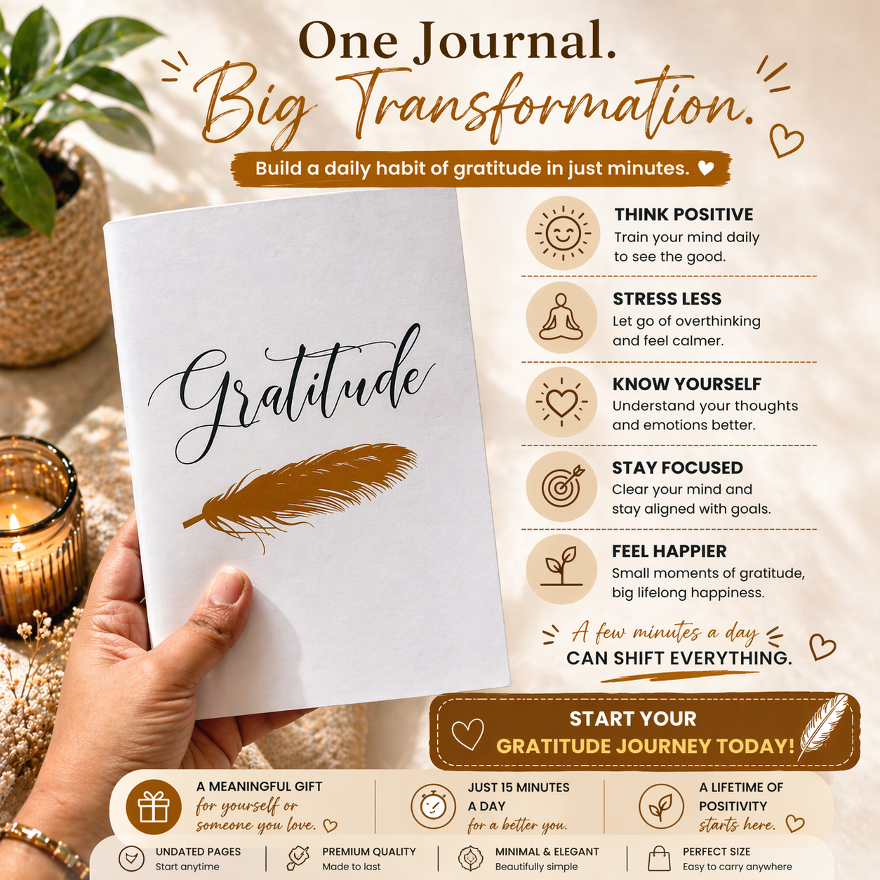 Gratitude Diary (Golden Feather)-For Positivity and Calmness