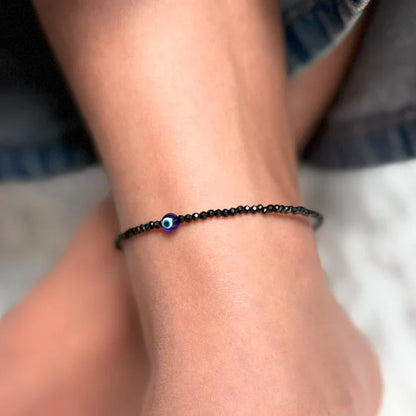 Black Tourmaline Evil Eye Anklet - Guards Aura 100% Authentic