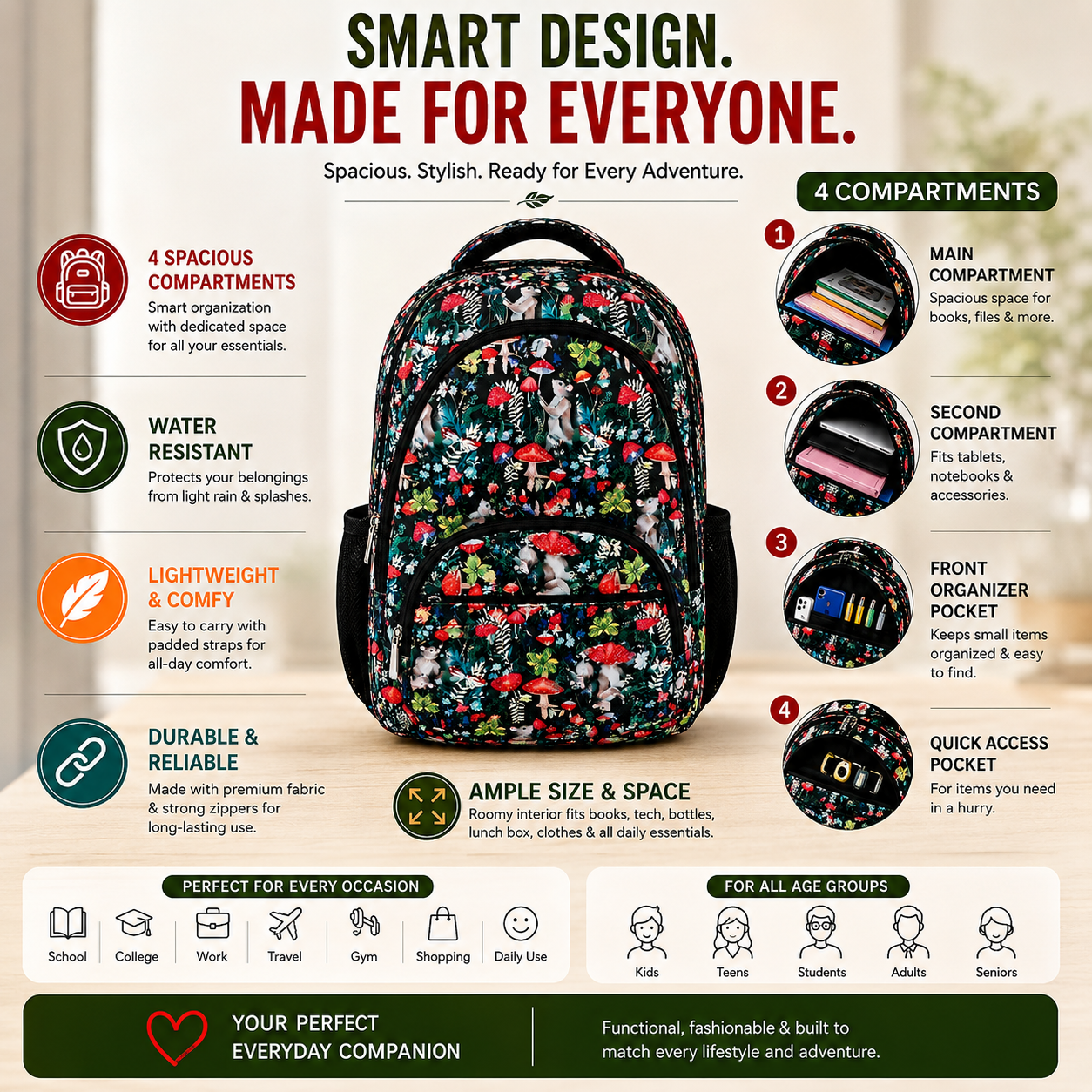 Woodland Forest Print School Backpack – Water-Resistant Lightweight Backpack with 4 Compartments
