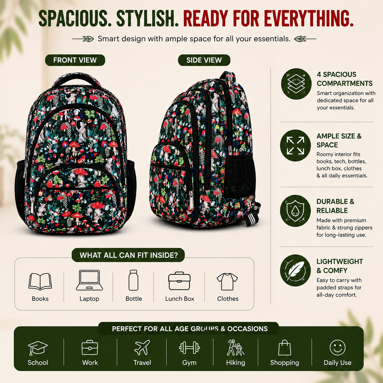 Woodland Forest Print School Backpack – Water-Resistant Lightweight Backpack with 4 Compartments