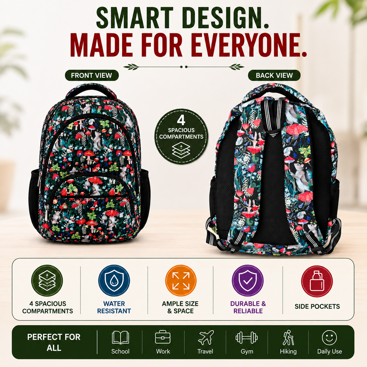 Woodland Forest Print School Backpack – Water-Resistant Lightweight Backpack with 4 Compartments