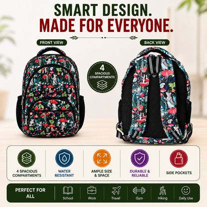 Woodland Forest Print School Backpack – Water-Resistant Lightweight Backpack with 4 Compartments