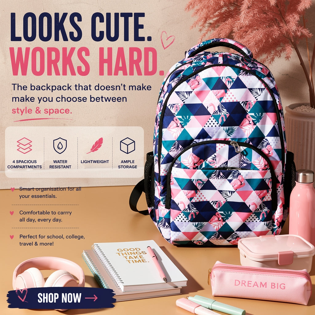 Flamingo Geometric Print Backpack – Water-Resistant Lightweight Backpack with 4 Compartments | Ergonomic Backpack for School, College & Travel