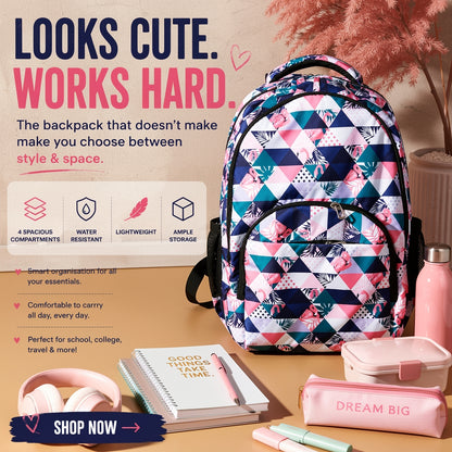 Flamingo Geometric Print Backpack – Water-Resistant Lightweight Backpack with 4 Compartments | Ergonomic Backpack for School, College & Travel