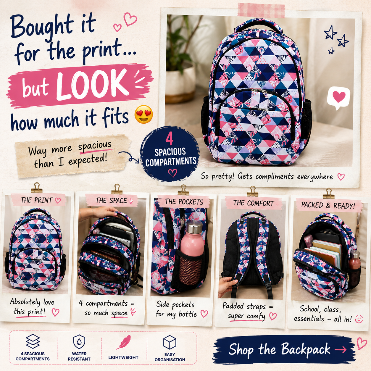 Flamingo Geometric Print Backpack – Water-Resistant Lightweight Backpack with 4 Compartments | Ergonomic Backpack for School, College & Travel