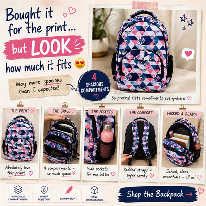 Flamingo Geometric Print Backpack – Water-Resistant Lightweight Backpack with 4 Compartments | Ergonomic Backpack for School, College & Travel