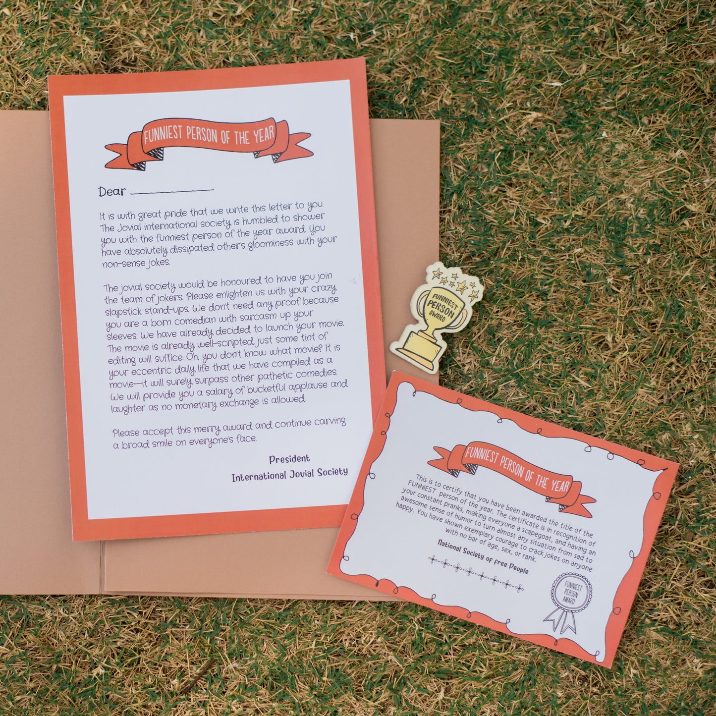 The Funniest Person Certificate with a Mini Badge Award- A quirky gift for your loved one!