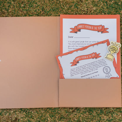 The Funniest Person Certificate with a Mini Badge Award- A quirky gift for your loved one!